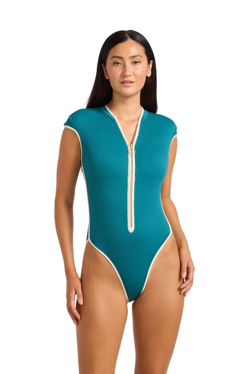 Seafolly Cap Sleeve Zip Front One Piece - Beach Bound