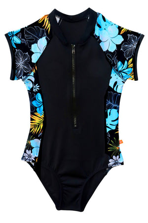 Salty Ink Girls Short Sleeve Surfsuit - Tropicana Black
