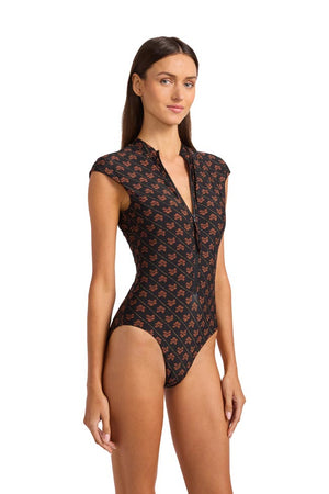 Seafolly Cap Sleeve Zip Front One Piece - Batik Bloom
