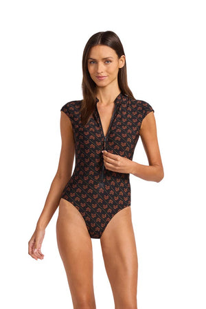 Seafolly Cap Sleeve Zip Front One Piece - Batik Bloom