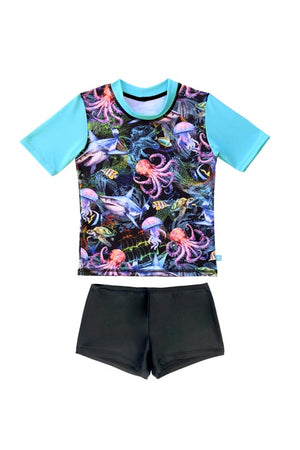Salty Ink Little Mister Short Sleeve Rashvest Set - Marina Mirage