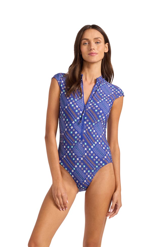 Seafolly Cap Sleeve Zip Front One Piece - Drift Club Mosiac