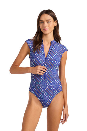 Seafolly Cap Sleeve Zip Front One Piece - Drift Club Mosiac