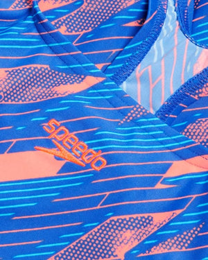 Speedo Junior Girls Allover Medalist One Piece - Siren Red/ True Cobalt/ Picton Blue