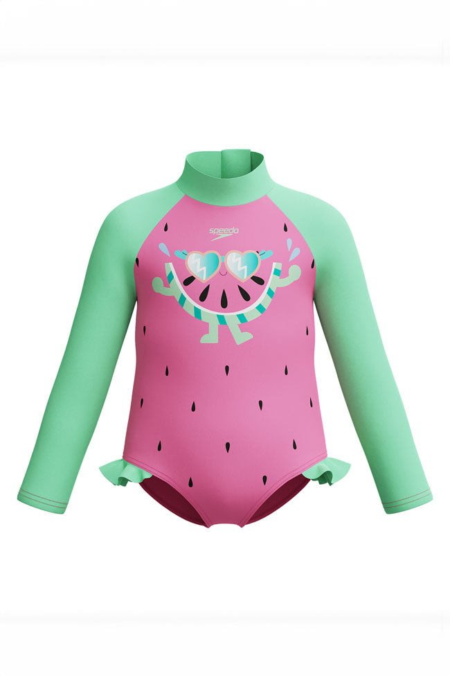 Speedo Toddler Girls Neon Bubble Gum Watermelon L/S Frill One Piece