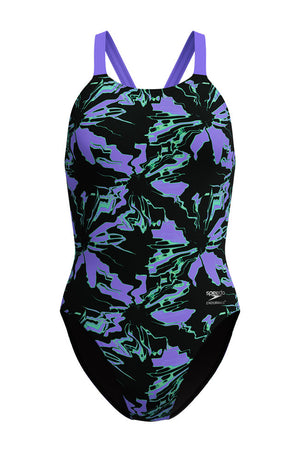 Speedo Junior Girls Flora Glitch Printed Leaderback One Piece