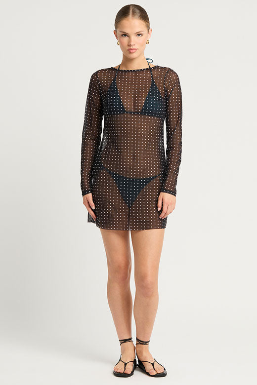 Bond-eye Gisele Mini Dress - Polka Dot Mesh Black