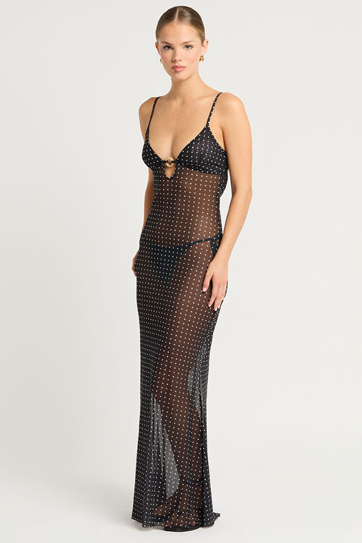 Bond-eye Cindy Ring Maxi Dress - Polka Dot Mesh Black