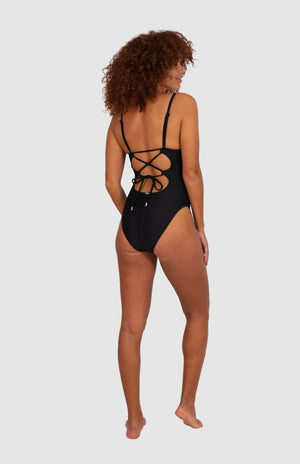 Baku Plunge Lace up Back One Piece - Rococco