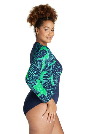 Genevieve Longsleeve Sunsuit with Mastectomy Pockets - Shadow Palms