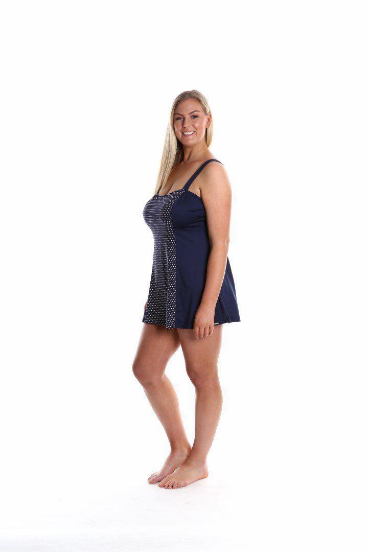 Capriosca Wide Strap Swim Dress - Navy Dots-Splish Splash Swimwear-Splish Splash Swimwear