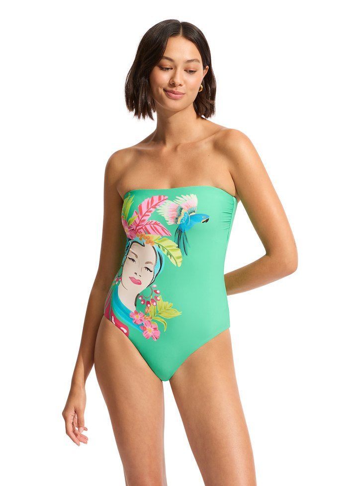 Skirted Bandeau One-Piece Swimsuit in Tropical Garden