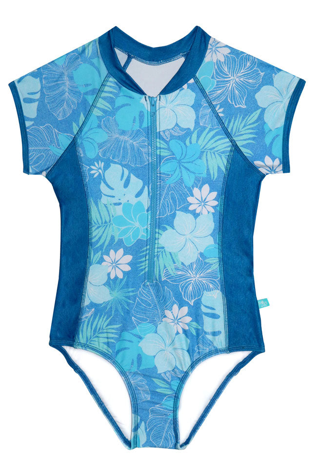 Salty Ink Girls Short Sleeve Surfsuit - Tropicana Blue