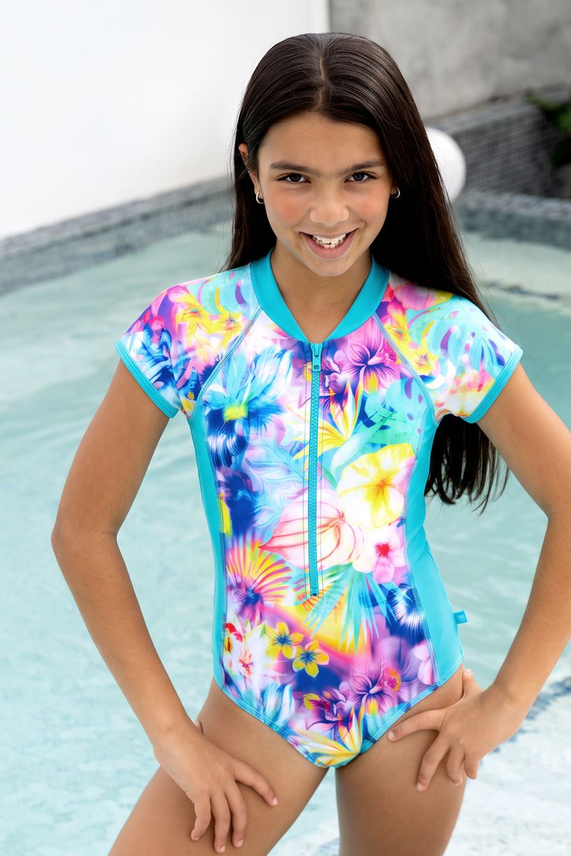 Salty Ink Girls Short Sleeve Surfsuit - Tropical Haze