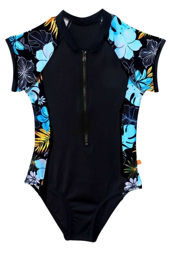 Salty Ink Girls Short Sleeve Surfsuit - Tropicana Black