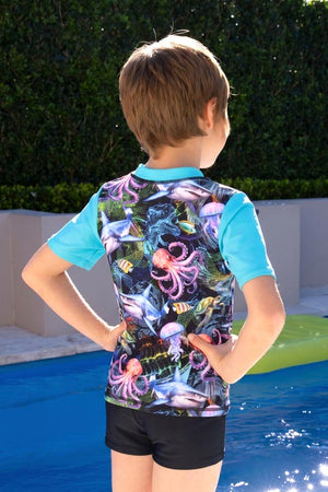 Salty Ink Little Mister Short Sleeve Rashvest Set - Marina Mirage