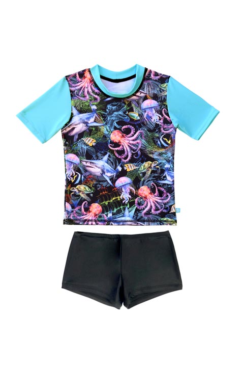 Salty Ink Little Mister Short Sleeve Rashvest Set - Marina Mirage