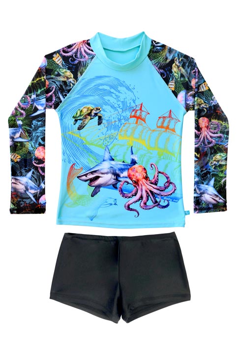 Salty Ink Little Mister Long Sleeve Rashvest Set - Marina Mirage