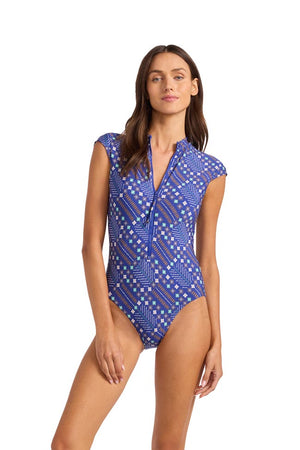 Seafolly Cap Sleeve Zip Front One Piece - Drift Club Mosiac