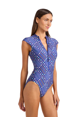 Seafolly Cap Sleeve Zip Front One Piece - Drift Club Mosiac