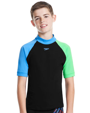 Speedo Junior Boys Short Sleeve Suntop - Black/ Picton Blue/ Harlequin Green