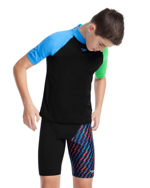 Speedo Junior Boys Short Sleeve Suntop - Black/ Picton Blue/ Harlequin Green