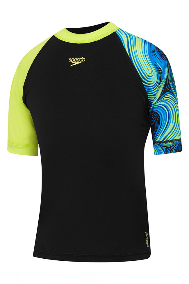 Speedo Junior Boys Black/Multi Logo 3/4 S/S Rash Top