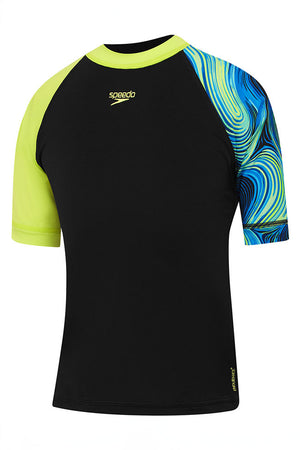 Speedo Junior Boys Black/Multi Logo 3/4 S/S Rash Top