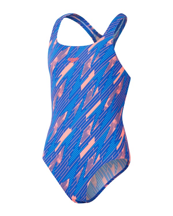 Speedo Junior Girls Allover Medalist One Piece - Siren Red/ True Cobalt/ Picton Blue