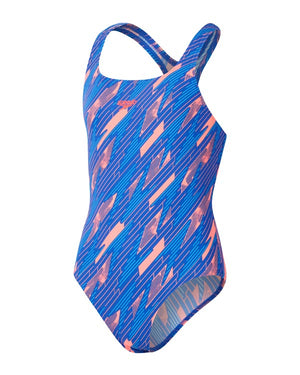 Speedo Junior Girls Allover Medalist One Piece - Siren Red/ True Cobalt/ Picton Blue