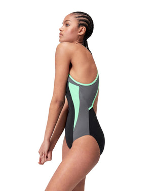 Speedo Womens High Neck Splice Cross Back One Piece - Black/USA Charcoal/ Harlequin Green