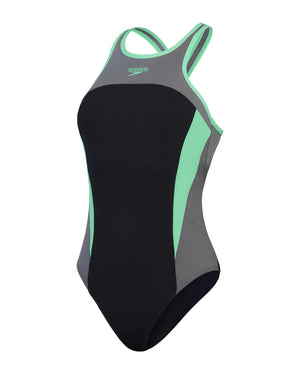 Speedo Womens High Neck Splice Cross Back One Piece - Black/USA Charcoal/ Harlequin Green