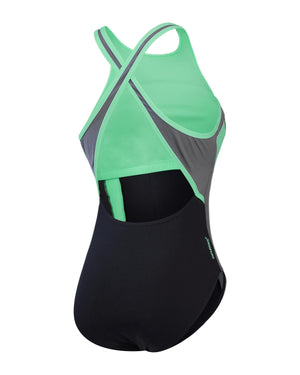 Speedo Womens High Neck Splice Cross Back One Piece - Black/USA Charcoal/ Harlequin Green