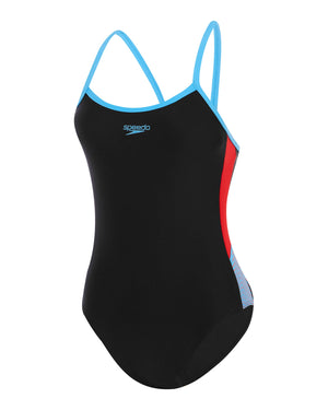 Speedo Womens Dive Thinstrap Muscleback One Piece - Black/Siren Red & Picton Blue