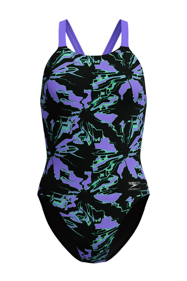 Speedo Junior Girls Flora Glitch Printed Leaderback One Piece