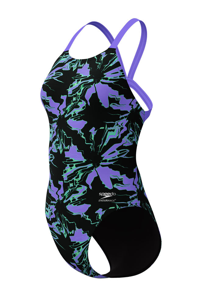 Speedo Junior Girls Flora Glitch Printed Leaderback One Piece