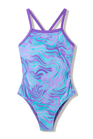 Speedo Girls Printed Thin Strap One Piece - Pace Purple