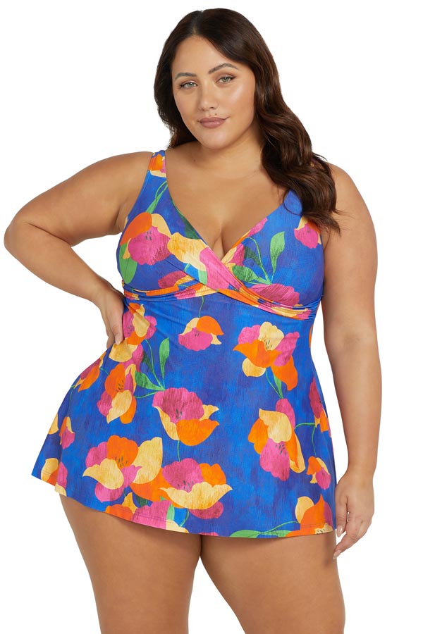 Swimsuits For All Women's Plus Size Chlorine Resistant Spliced Tank One  Piece Swimsuit 8 Blue Abstract
