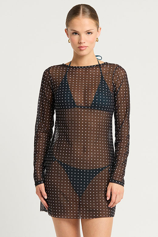 Bond-eye Gisele Mini Dress - Polka Dot Mesh Black