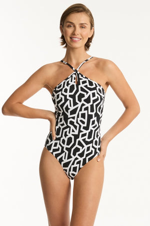 Sea Level Highneck Keyhole One Piece - Deco