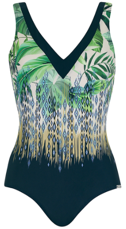 Sunmarin V-Neck F-Cup One Piece - Green leafs and Diamonds
