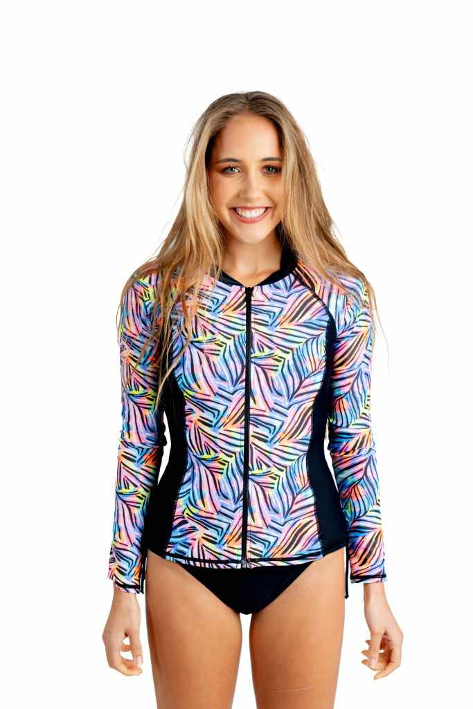 Salty Ink Ladies Long Sleeve Sunvest - Tropic Tribe Neon