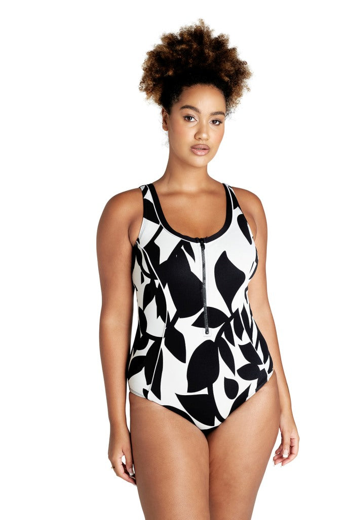 Genevieve Zip Front Contrast Piping One Piece with Mastectomy Pockets - Foliage